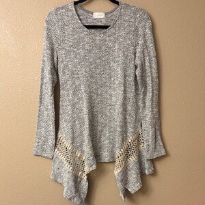 Thyme & Honey Marled Gray Sweater Cream Lace Trim Handkerchief Hem Size Medium